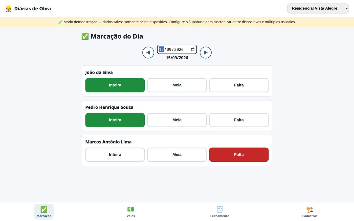 Tela de marcação de diárias do app Diárias de Obra